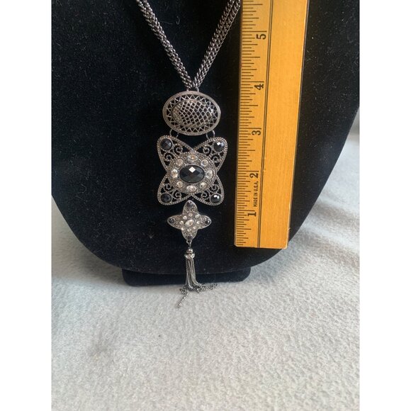 Vintage Silver-Tone Crystal Pendant Necklace with Tassel 30" - Picture 3 of 6